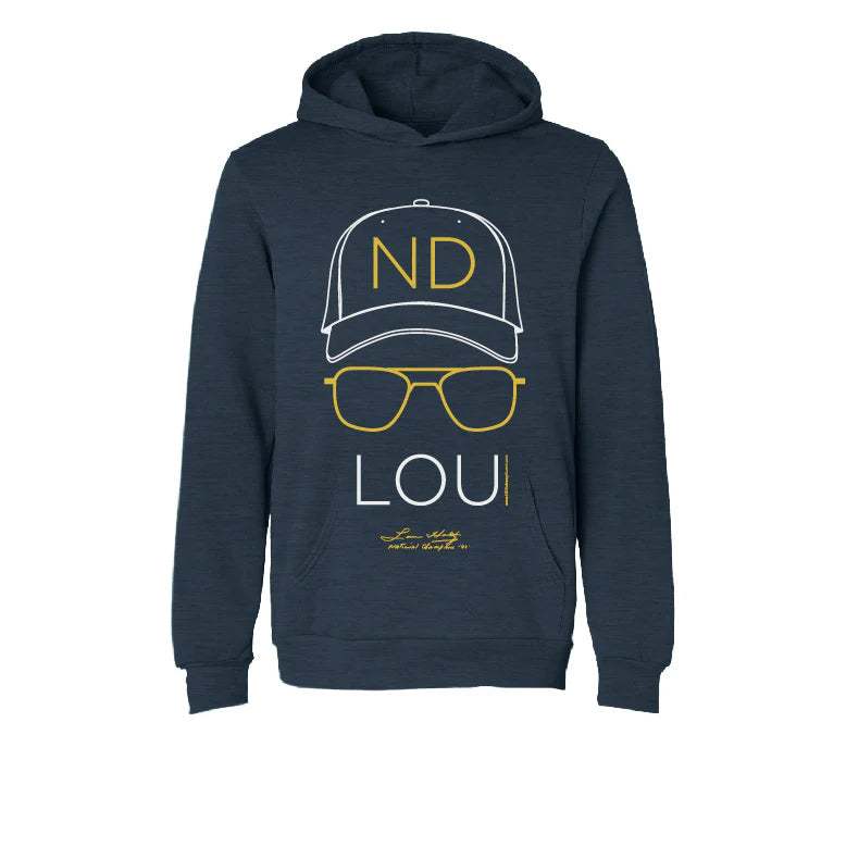 Lou Holtz Hat and Glasses Sweatshirt Navy – ND Subway Alumni